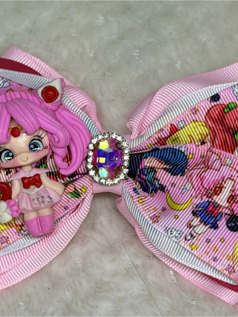 Pink Anime Character Hair Bow with Jewel Accent for Kids
